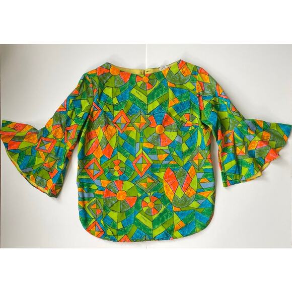Joy Steven’s 60s Psychedelic Geometric Colorful Blouse Size S / M Bell Sleeve - Picture 7 of 11